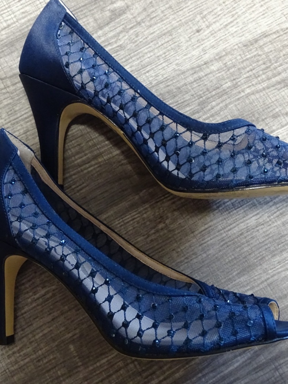 Nina Navy Blue Mesh Peep-Toe Heels with Beaded Detail